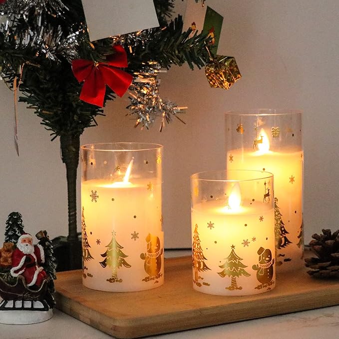 DRomance Christmas Battery Operated Flameless Candles Flickering Remote and Timer Glass LED Pillar Candles Moving Wick Real Wax Gold Snowman Christmas Tree Decals Holiday Decor D3 x H4, 5", 6"