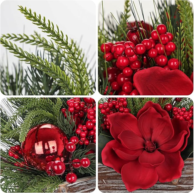 Christmas Centerpiece 11 Inch Artificial Norfolk Pine in Rustic Wooden Pot Flower Arrangement with Magnolia Flowers Pine Greenery Red Berries Ornaments for Dining Table Holiday Party Mantel Xmas Decor