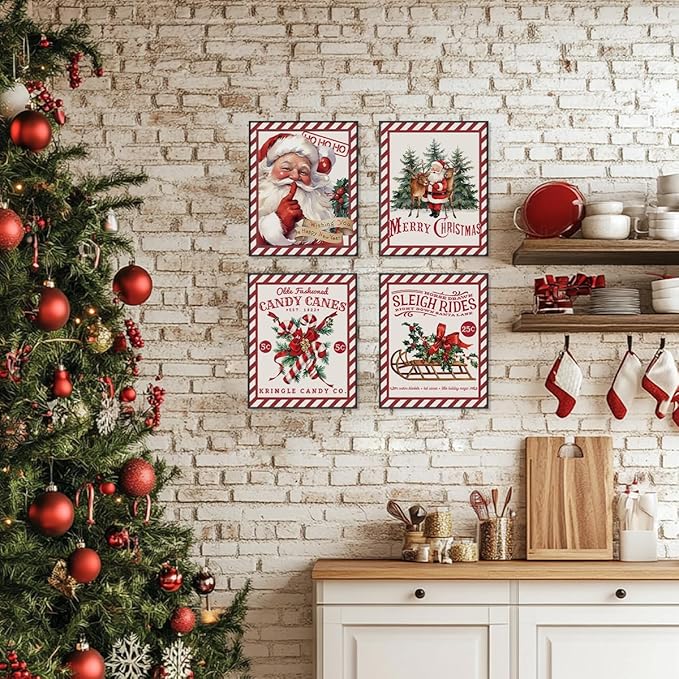 PLKMN Vintage Christmas Decor, Christmas Wall Art Prints Set of 4, Retro Christmas Santa Claus Wall Art Decor for Gallery Living Room Bathroom, 8x10 (Unframed)