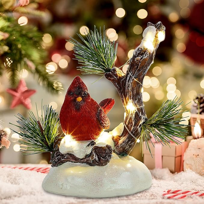 winemana Christmas Tabletop Decorations, LED Lights Cardinal Resin Ornament, Lighted Red Bird on Snowy Pine Tree Holiday Decor for Indoor Home Table Desk Kitchen Room Xmas Party