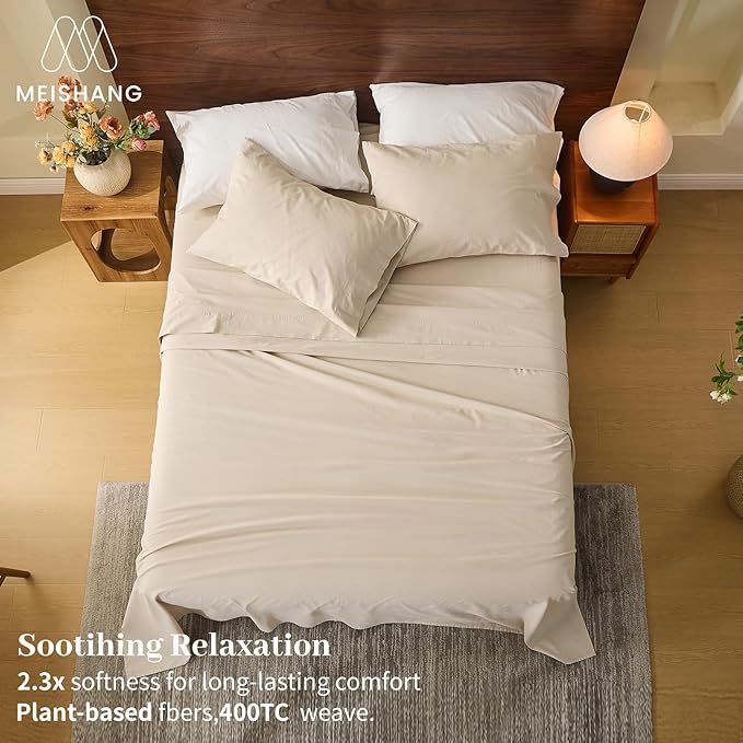 MEISHANG 100% French Pure Linen Sheets Queen Size - 6 PC Extra Deep Pocket Sheet Set, Soft Durable Flax Linen, Anti-Tear Breathable & Oeko-Tex Certified 18-24 Deep Pocket,All Season(Linen)