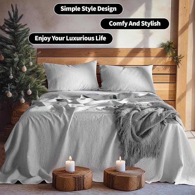 LBRO2M 100% Linen Sheet Set Twin XL Size,Bed Sheets 3 Piece Sets,Solid Color Natural Flax Bed Sheets Soft Breathable Bedding,16" Deep Pocket,All Season (Twin XL, Grey)