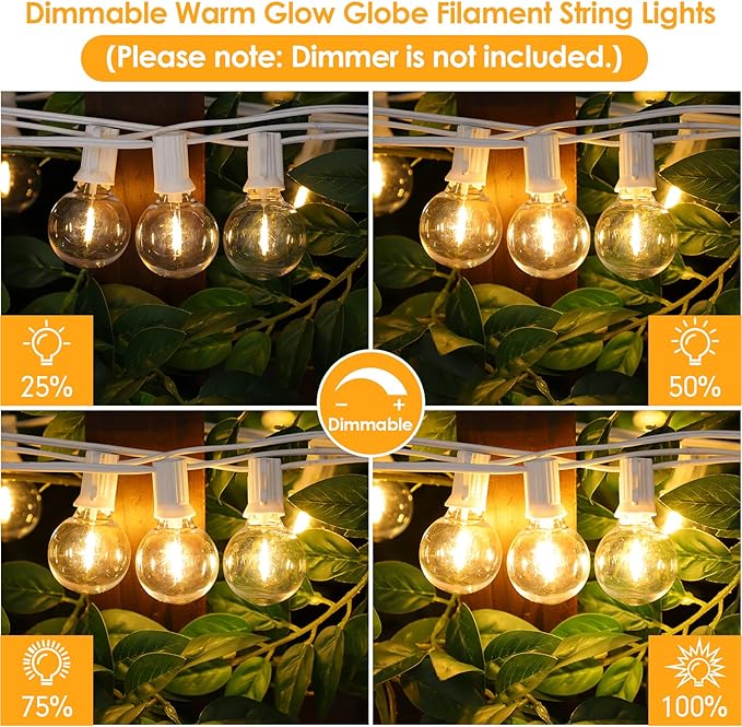 Mlambert 50Ft Outdoor String Lights, G40 Globe Patio Lights with 25+2 Waterproof Shatterproof LED Bulbs for Balcony Porch Bistro Deck-White Wire