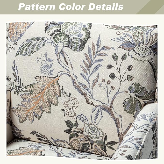 HULALA HOME Modern Accent Chair with Arms and Wooden Legs, Floral Patterned Accent Chair Armchair High Back Rest, Padded Armrest and Comfortable Cushioned Seat for Living Room (Orange Grey Floral)