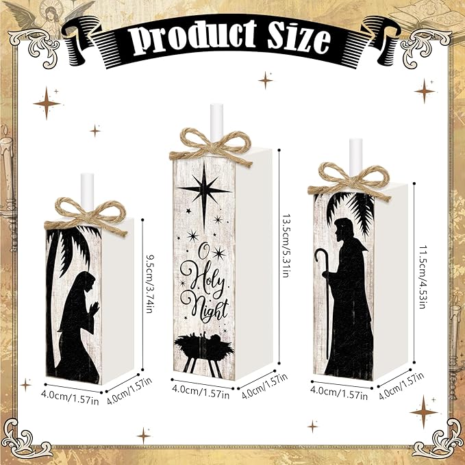 Britimes Christmas Decorations for Home, 3pcs Wooden Table Decor, Nativity Scene Holy Night Farmhouse Tabletop Block Sign for Christmas Indoor Kitchen