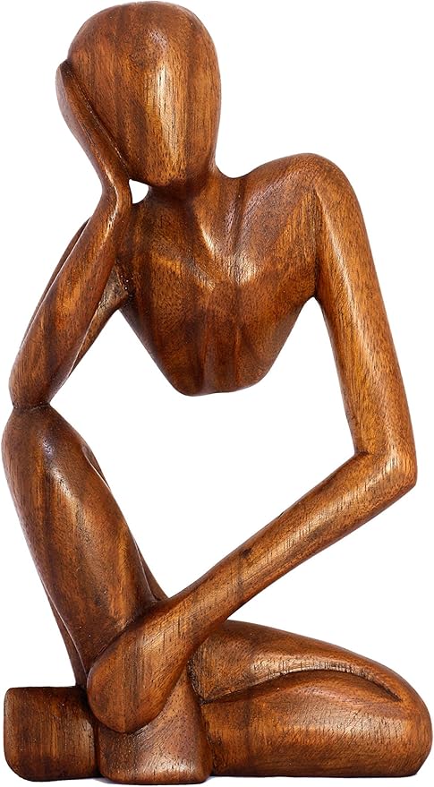 12" Wooden Abstract Thinker Statue, Hand Carved Thinking Man Figurine, Modern Minimalist Sculpture, Handmade Home Decor Accent Gift (Brown)
