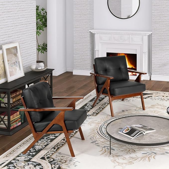 AODAILIHB Mid Century Modern Accent Chair, Retro Wood and Leather Armchairs, Vintage Reading Side Chair Comfy Accent Sofa for Living Room, Bedroom, Studio, Office (1, Black)