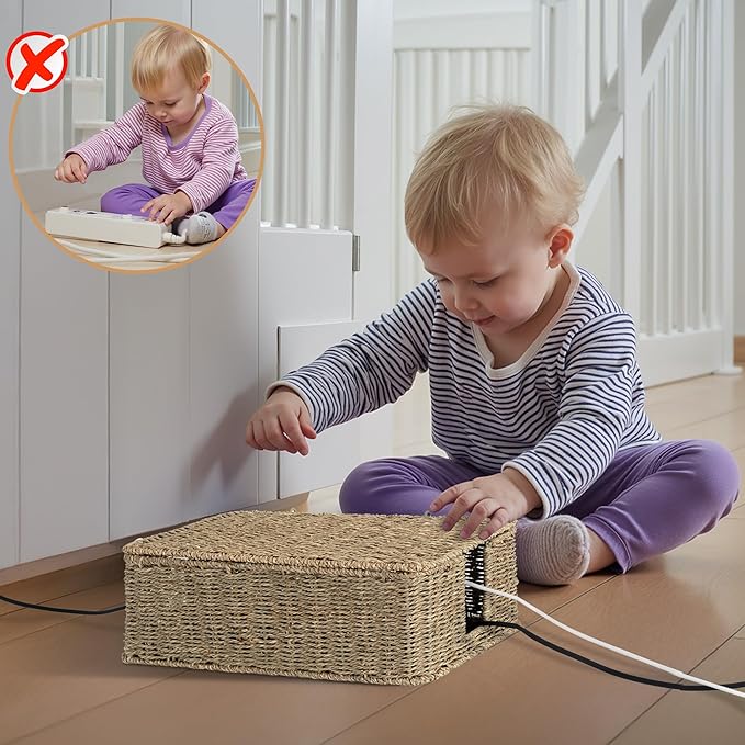 StorageWorks Large Cable Management Box, 2 Slots Wicker Cable Organizer to Hide Cords and Power Strip, Seagrass Cord Hider Box for Home & Office