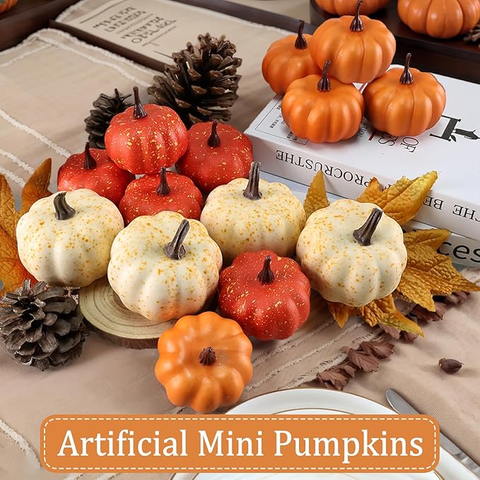 16PCS Artificial Mini Fake Pumpkins Set with Fall Leaves,Foam Plastic Carvable DIY Small White Craft Pumpkins Decor for Thanksgiving Halloween Home Fall Porch Table Decor