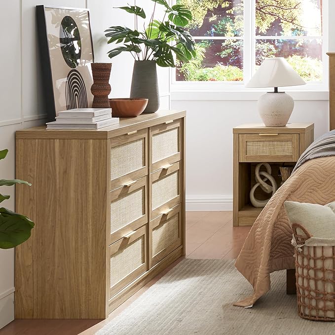 Nightstand Set of 2, Rattan Night Stand with Type-C Charging Station, Bedside Table with Drawer, Boho Bed Side Table End Table Accent Table for Bedroom Living Room (Weathered Oak)