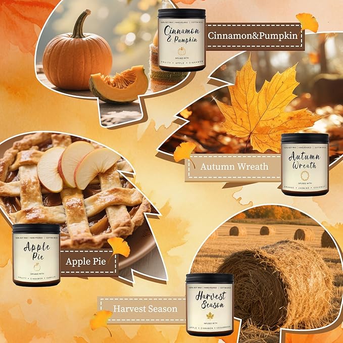 Fall Candles Gift Set β 4 Pack Scented Soy Candles for Home, Autumn Decor, Fall Decorations, Pumpkin Spice, Apple Pie, Cinnamon, Harvest β Great for Halloween & Thanksgiving Gifts
