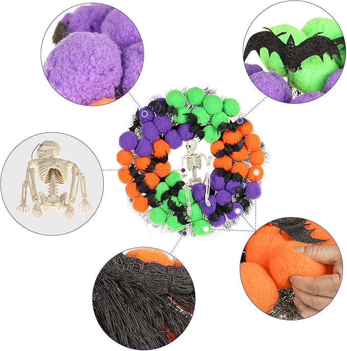 Halloween Wreath, 24inch Halloween Wreaths for Front Door, Pompom Wreaths with bat and Skull for Indoor,Outdoor, Wall, Window Porch Patio Garden Farmhouse Home Party Prom Decoration.