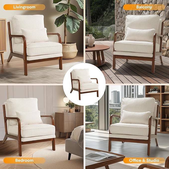 FLEXISPOT AC1 Mid Century Modern Accent Chair with Wood Frame, Corduroy Upholstered Armchair with Thickened Backrest & Lumbar Pillow, Comfy Reading Chair for Living Room, Bedroom, Balcony (White)
