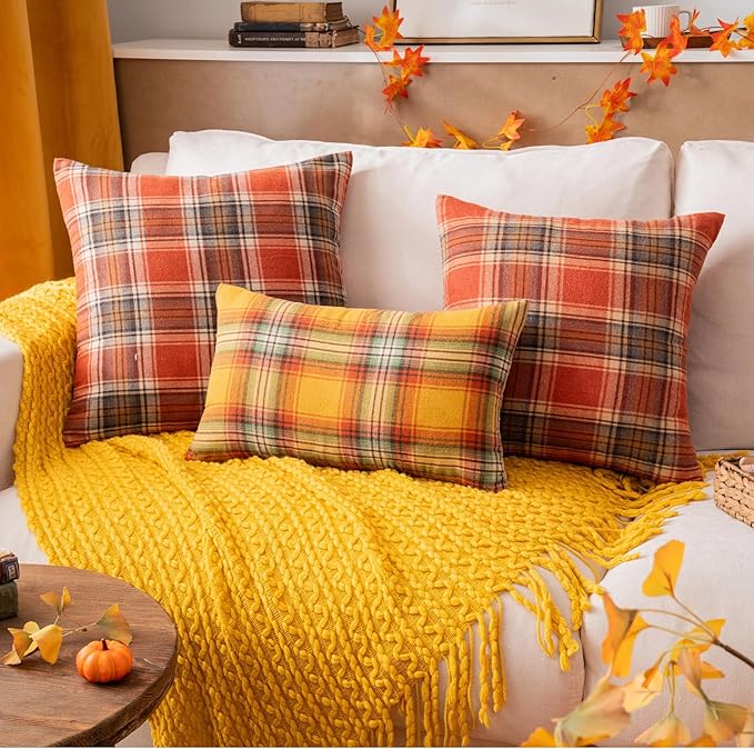 AQOTHES Fall Plaid Yellow Throw Pillow Covers 22x22 Inch, Set of 2 Autumn Decorative Throw Pillows for Couch Sofa Bed Living Room Home Decor, Accent Pillow Cases for Farmhouse Couch Cushion Covers