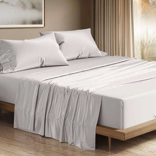THREAD SPREAD 100% Egyptian Cotton King Size Sheets Set - 4 PC Luxury 1200 Thread Count Egyptian Cotton Sheets King Size, Soft, Cooling, Sateen Weave 17" Deep Pocket Bed Set - Light Grey