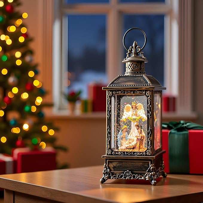 Christmas Snow Globe Lighted Angel & Nativity Scene, Musical Water Lantern in Swirling Glitter, Holiday Decorations Gifts for Family, Children or Friends