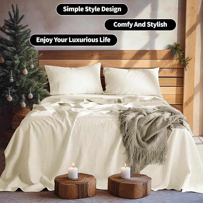 LBRO2M 100% Linen Sheet Set 16" Deep Pocket Queen Size,Bed Sheets 4 Piece Sets,Solid Color Natural Flax Bed Sheets Soft Breathable Bedding, All Season (Queen, Beige)