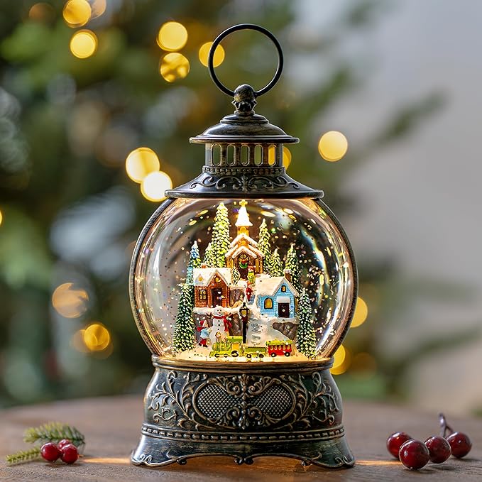 9.8" Christmas Snow Globe Water Lantern with Mountain Village and Train Scene Battery Operated or USB Powered Musical Lighted Holiday Decoration for Tabletop Display for Family and Friend