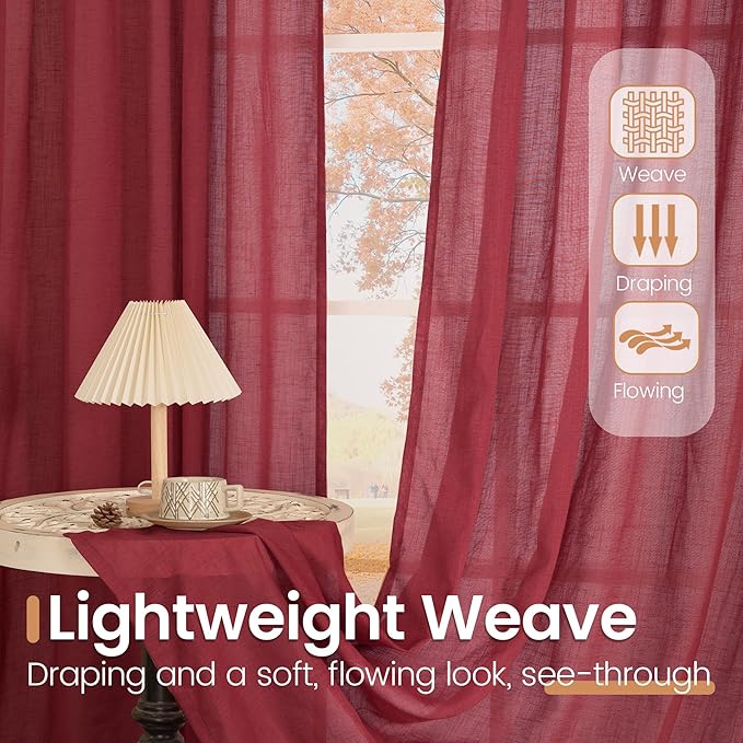 BGment Burgundy Linen Short Curtains 36 Inch Length for Kitchen Window, Small Drapes for Cafe Over Sink Bathroom Decor Semi Sheer Textured Rod Pocket Lightweight, 2 Panels Set, Each 24 Inch Wide