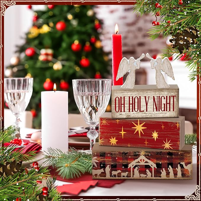4 Pcs Wooden Christmas Nativity Tiered Tray Decor Rustic Wood Angel Block Sign Gift Kitchen Centerpiece Nativity Scene Table Decor (Jesus)