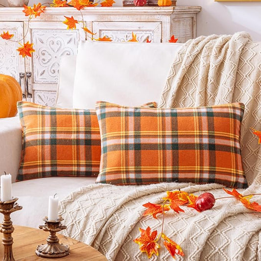 Fall Plaid Orange Green Throw Pillow Covers 12x20 Inch, Set of 2 Autumn Decorative Throw Pillows for Couch Sofa Bed Living Room Home Decor, Accent Pillow Cases for Farmhouse Couch Cushion Covers