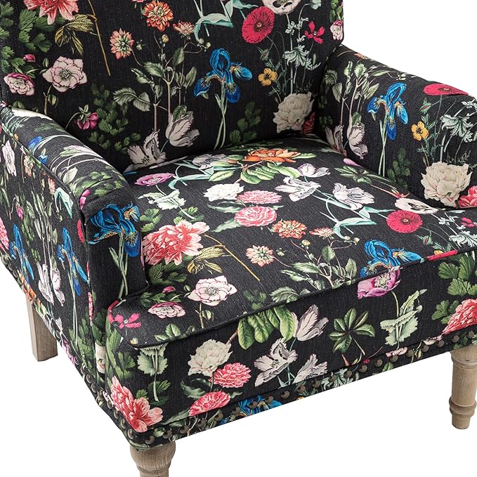 HULALA HOME Modern Armchair with Wooden Legs & Nailhead Trim, Comfy Upholstered Accent Chair for Living Room Bedroom (Floral Patterns, Black)