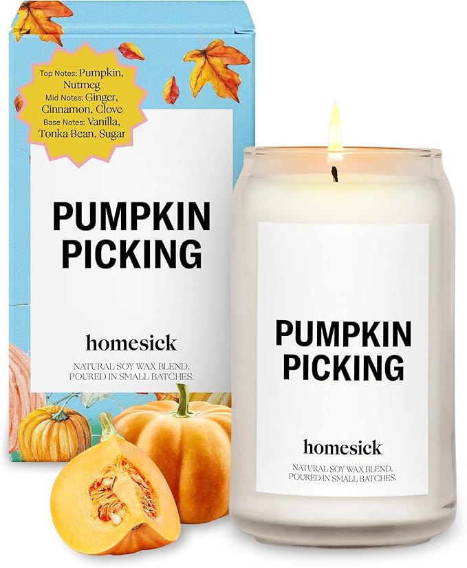 Homesick Scented Candles for Home (Pumpkin Picking) - 13.75 oz Natural Long-Lasting Soy Wax Blend Jar Candle Gifts for Women & Men, 60-80 Hours Burn Time - Notes of Pumpkin, Nutmeg & Ginger