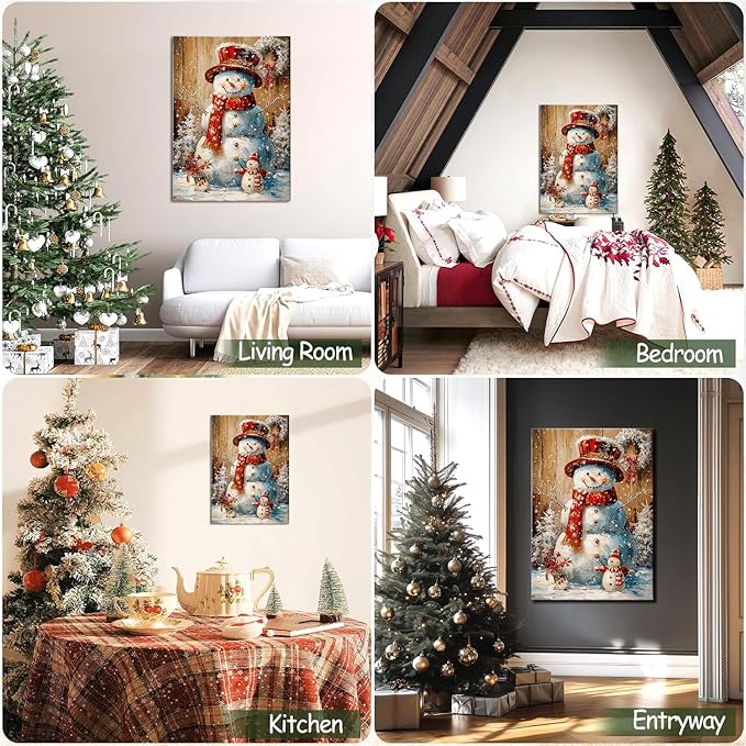 Vintage Snowman Christmas Canvas Wall Art, Framed Rustic Christmas Print Picture for Living Room Bedroom Decor, Ideal Christmas Wall Art Decorations and Holiday Gifts