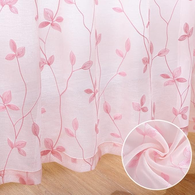 HOMEIDEAS Pink Sheer Curtains 52 X 96 Inches Length 2 Panels Embroidered Vine Floral Pattern Pocket Faux Linen Semi Sheer Voile Window Drapes for Bedroom Living Room