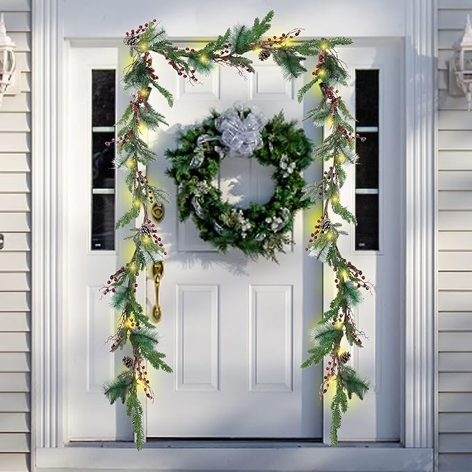 winemana 6 FT Pre-lit Artificial Christmas Garland with 20 LED Lights, Battery Powered with Pine Cones, Red Berries, Pine Needles, Lighted Christmas Garlands for Fireplace Mantle Holiday Decorations