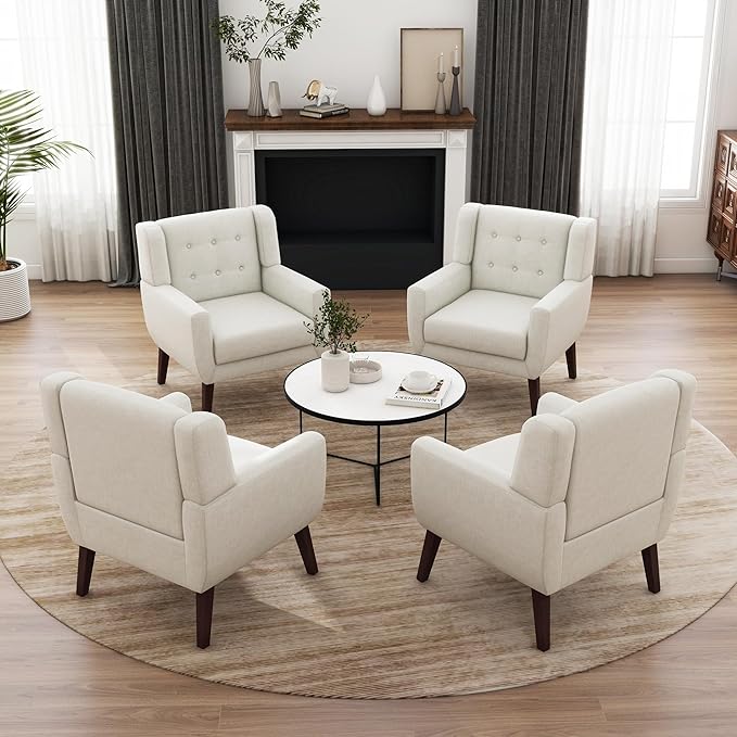 UIXE Accent Chairs Set of 2, Modern Living Room Arm Chair Mid-Century Upholstered Club Armchair, Comfy Fabric Single Sofa Button Tufted Reading Seat Bedroom Side Sitting, Beige