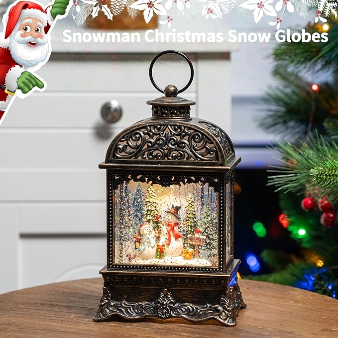 Christmas Snow Globes, Snowman Water Lantern, 8 Christmas Music, USB Powered & Battery, Holiday Decorations Gifts for Family Children or Friends