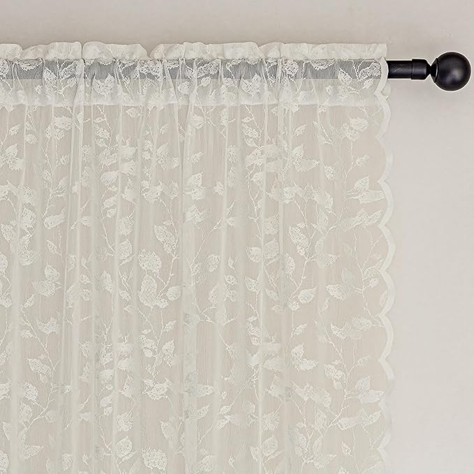 Beige Lace Sheer Curtains 84 inches Long – Vintage Leaves Pattern for Living Room/Bedroom, Fall Curtains, Modern Privacy Light Filtering Rod Pocket Window Drapes, 52W x 84L Inch, 2-Panels