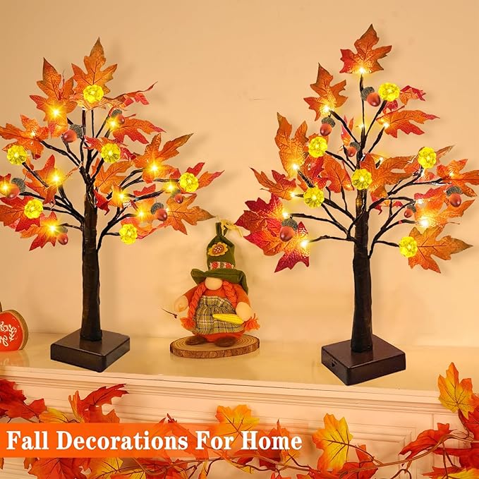 2 Pack 24 Inch Prelit Fall Maple Tree Thanksgiving Decorations, 48LEDs Timer Acorn Pumpkin Lights Fall Decorations for Home Battery Operated Wedding Party Table Autumn Harvest Halloween Fall Decor
