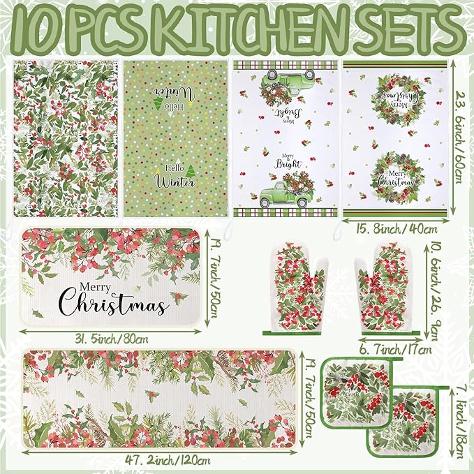 10 Pcs Christmas Kitchen Decor Set Kitchen Towels and Rugs Oven Mitts Pot Holders Absorbent Towels for Baking Cooking BBQ Gifts Home Decor(Green,Green Leaf Wreath)