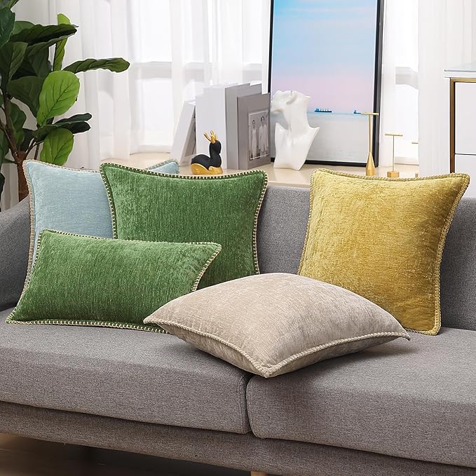 decorUhome Christmas Chenille Soft Throw Pillow Covers 22x22 Set of 2, Farmhouse Velvet Neutral Decorative Euro Fall Pillow Covers with Stitched Edge for Couch Sofa Bed Home Decor, Forest Elf
