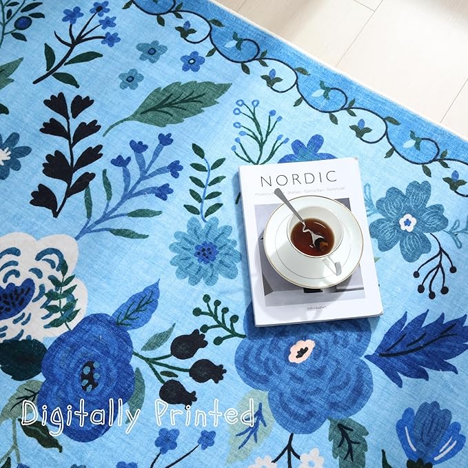 Rugcomf Bedroom Rug 3x5 Rug Washable Area Rug Non Slip Low Pile Boho Floral Small Carpet for Bedroom, Bedside, Kitchen, Entryway, Kids Room, Office, College Dorm Essentials for Girls(Blue)