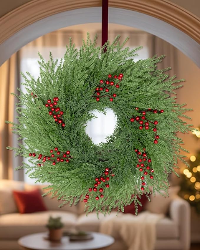 Artificial Christmas Wreaths for Front Door,26" Large Winter Wreaths for Indoor and Outdoor Christmas Decorations,Norfolk Pine Door Wreath with Red Berries for Wall Window Porch Farmhouse Stair