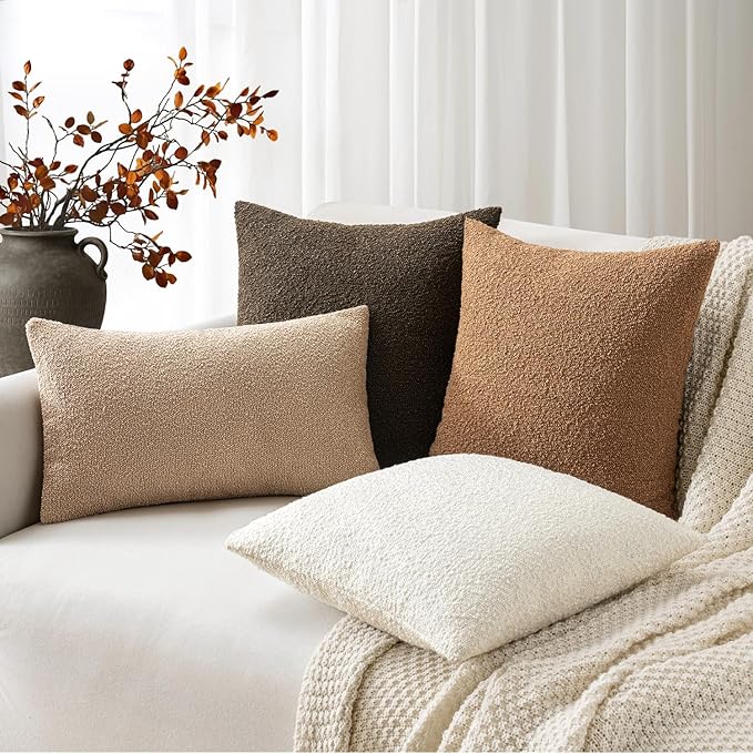 Woaboy Pack of 2 22x22 Inch Decorative Boucle Throw Pillow Covers Textured Pillows Accent Euro Solid Cozy Soft Cushion Covers Christmas Home Decor for Bed Sofa Couch Living Room,White