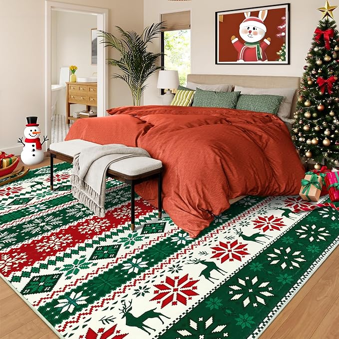 Christmas Living Room Area Rug 8x10 Large Washable Rug Indoor Non-Slip Low Pile Throw Floor Covers Xmas Decorative Boho Accent Rug Farmhouse Rugs Rustic Festival Carpet for Bedroom Dining Room, Green