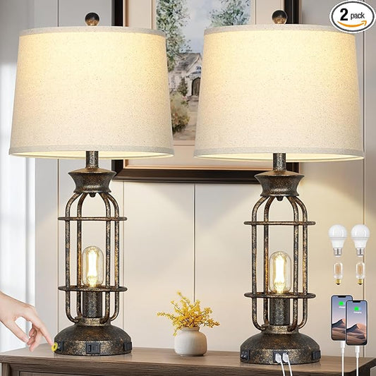 28" Vintage Table Lamps for Living Room, Industrial Farmhouse Table Lamp with USB C+A Ports & Outlet, Rustic Nightstand Bedside Lamps with 2 Night Light for Bedroom End Tables Bronze, 4 Bulbs Included