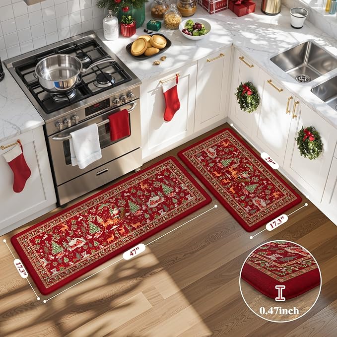 Christmas Kitchen Mats Anti Fatigue - Reindeer Sleigh Farmhouse Cushioned Kitchen Floor Mat, Non Slip Kitchen Rugs Sets of 2, Christmas Decorations Sink Mats for Home Holiday Decor(Red)