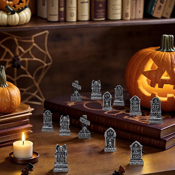 12PCS Mini Tombstones for Halloween Decoration, Resin Miniature Gravestones for Terrarium, Mini Headstones, Small Graveyard Set, Gothic Cemetery Figurines for Haunted House, Tabletop Displays