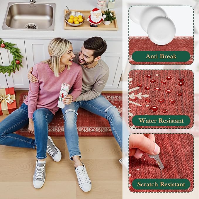 Christmas Kitchen Mats for Floor 2 Piece, Snowflake Kitchen Floor Mats Cushioned Anti Fatigue Kitchen Rugs Non Slip, Bordered Comfort Thick Standing Mat for Home Decor,Sink(Red)