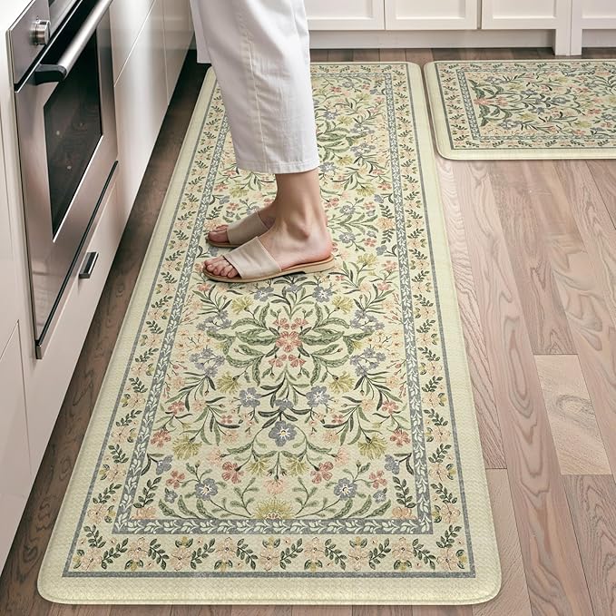 Collive Kitchen Mats for Floor 2PCS, Cushioned Anti Fatigue Rugs Non Slip Waterproof Kitchen Sink Mat, Floral Comfort Standing Mat for Bar, Office, Desk, Home Decor, Beige 20" x 47" + 20" x 32"