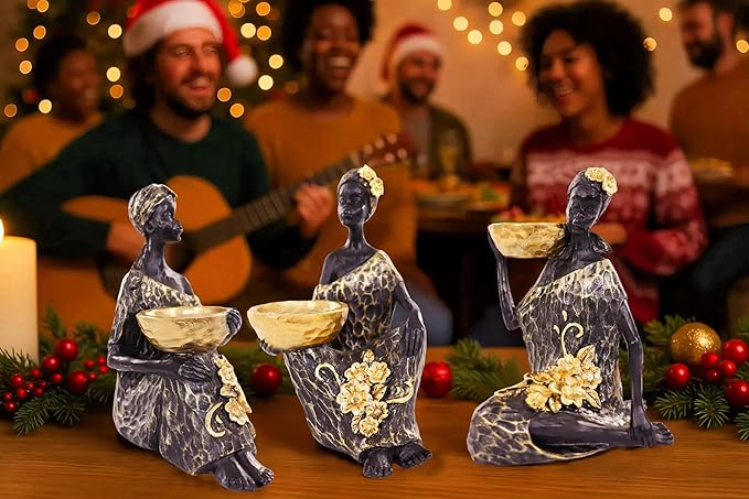 African Lady Candle Holder Set of 3 – Resin Figurines with Gold Bowls for Tea Light or Small Pillar Candles – Decorative African Women Statues for Home, Shelf, or Table Centerpiece