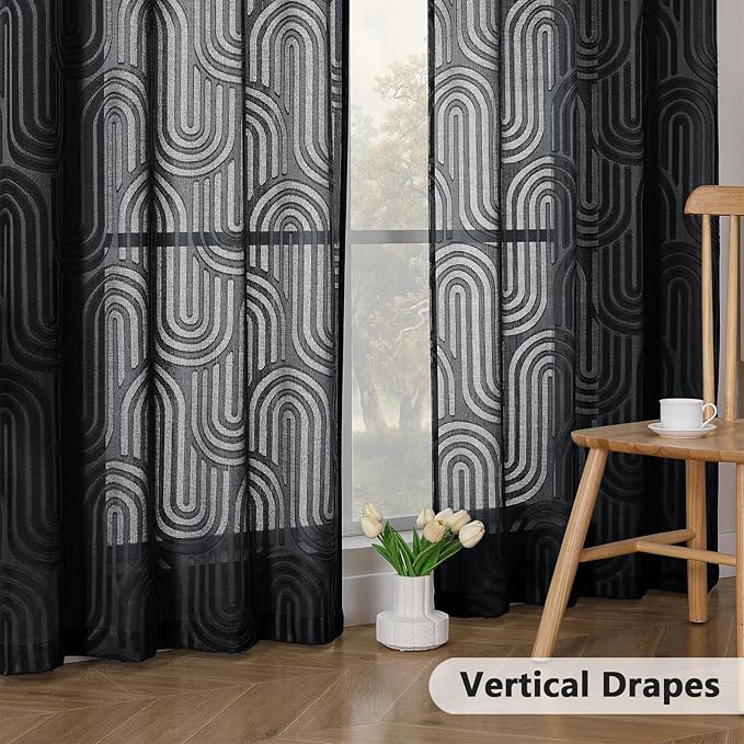 Simplebrand Sheer Black Curtains Kitchen 36 Inch Length 2 Panels Set for Window, Soft Airy Geometric Jacquard Semi Sheer Curtains for Bathroom, Modern Rod Pocket Window Curtains, 42Wx36L Inches