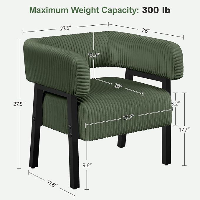 Yaheetech Corduroy Barrel Accent Chair, Modern Upholstered Armchair with Solid Wood Legs, Cozy Leisure Chair with Pocket Coiled Seat for Living Room, Bedroom, Reading Nook Dark Green