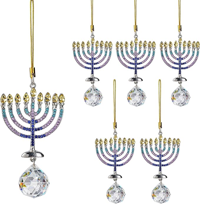 6 PCS Hanukkah Menorah Hanging Ornaments, Crystal Suncatchers for Christmas Tree, Halloween & Hanukkah Decorations, Window Suncatchers & Gift