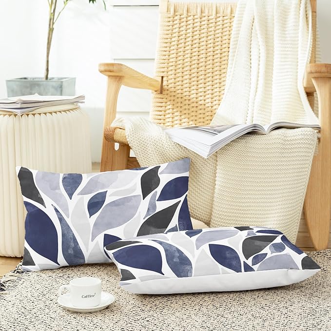 CaliTime Throw Pillow Cases Pack of 2 Cozy Fleece Falling Dahlia Floral Flowers Petals Decorative Cushion Covers for Couch Bed Sofa Farmhouse Decoration 12 X 20 Inches Navy Blue Grey